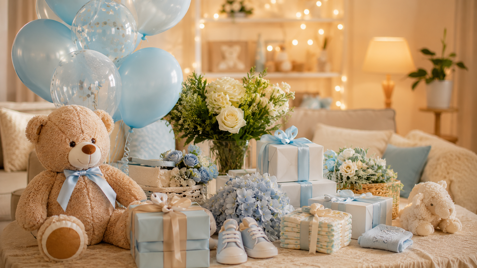 Ultra realistic baby shower style decorations for newborn boy with balloons, gifts, flowers and soft toys in cozy interior, warm golden lighting, vivid gentle colors, photorealistic holiday photography, ultra detailed, 8k, horizontal 16:9, no text