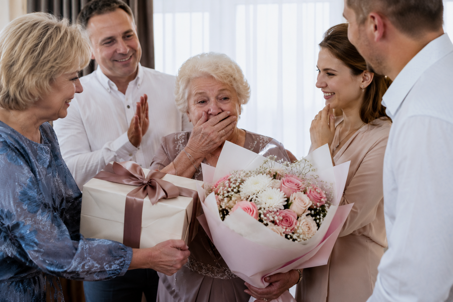 В честь 70-летия — счастливая женщина получает большой букет цветов и подарок